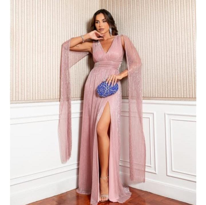 Vestido Longo  com manga capa