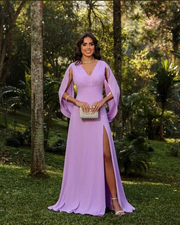 Vestido Longo com manga capa
